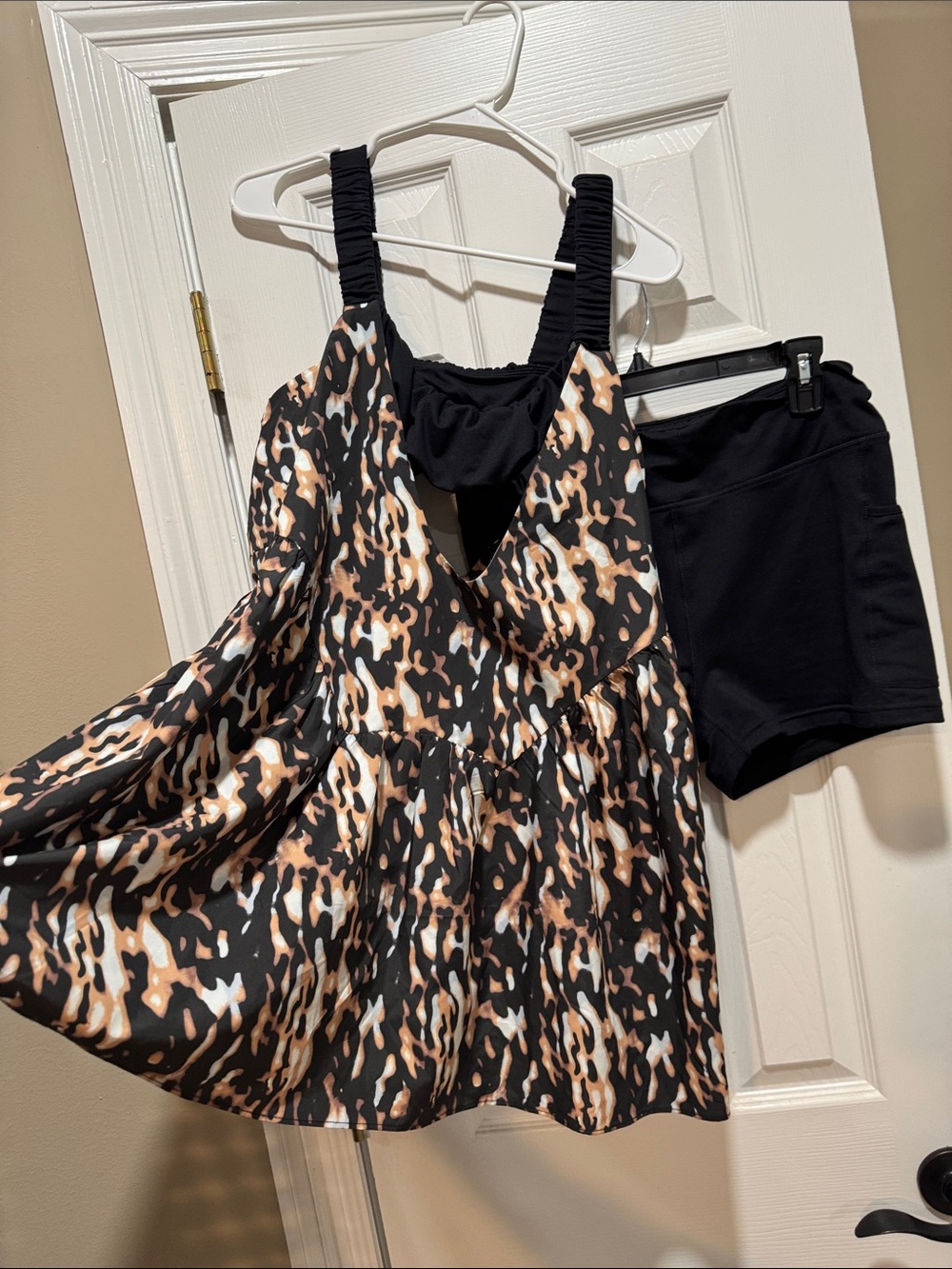 Free People Black and Tan Animal Print Dress w black shorts - shorts have pocket
